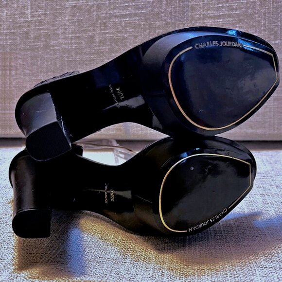 Vintage CHARLES JOURDAN PARIS Open Toe Leather T-Strap Platform High Heels Black - Picture 14 of 15